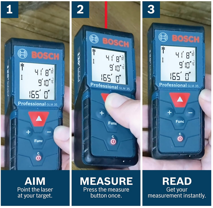 Bosch GLM 35 laser measure showing the aim, measure, and read process