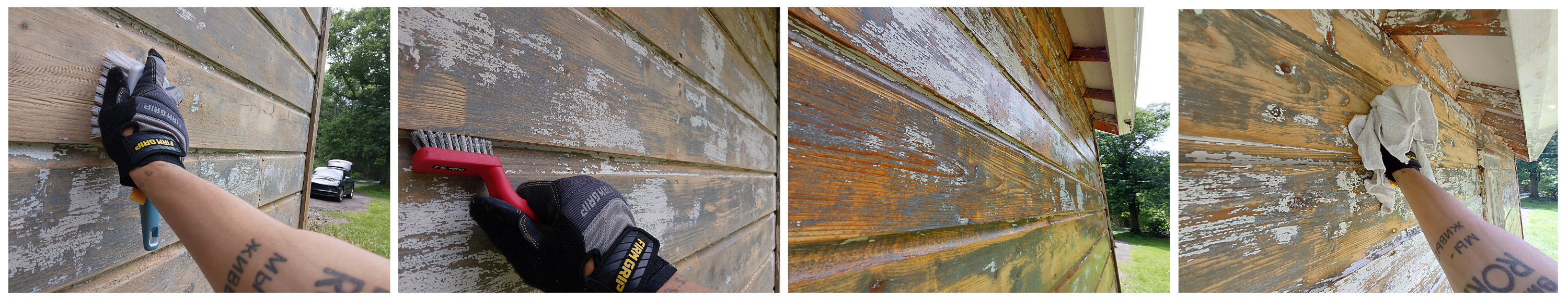 Artisanal brush washing, wire brushing, and damp cloth wiping during thoughtful garage wood preparation