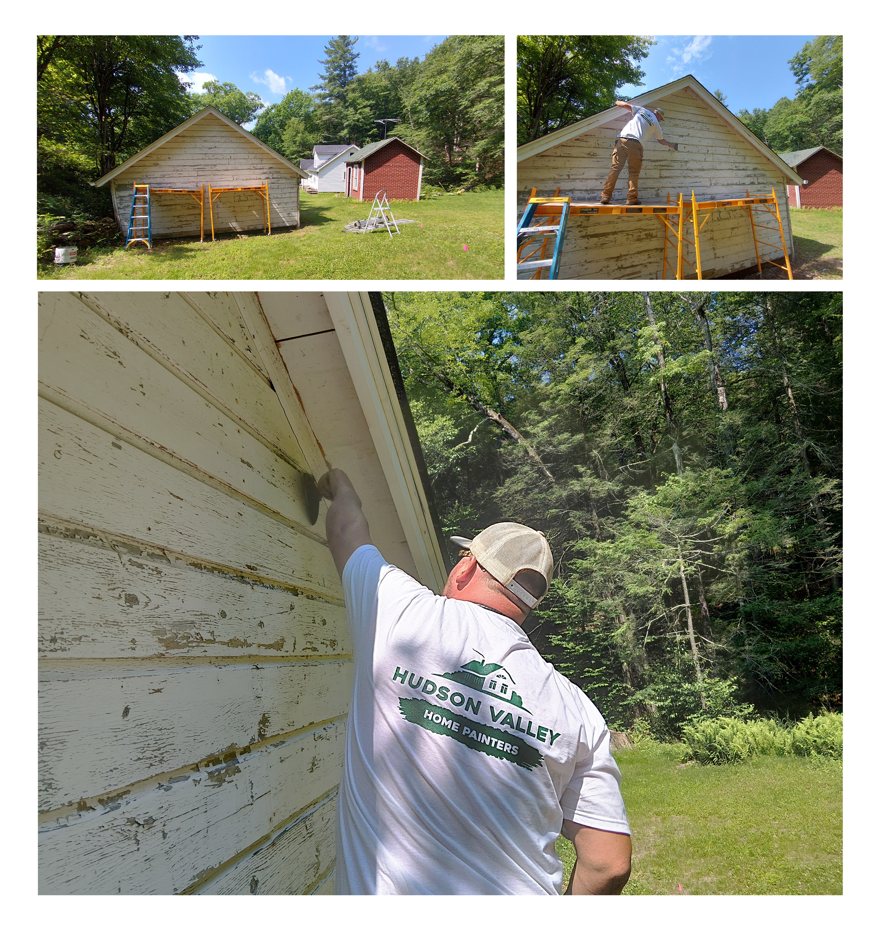 Hudson Valley Home Painters scaffolding and scraping an old wood garage before primer