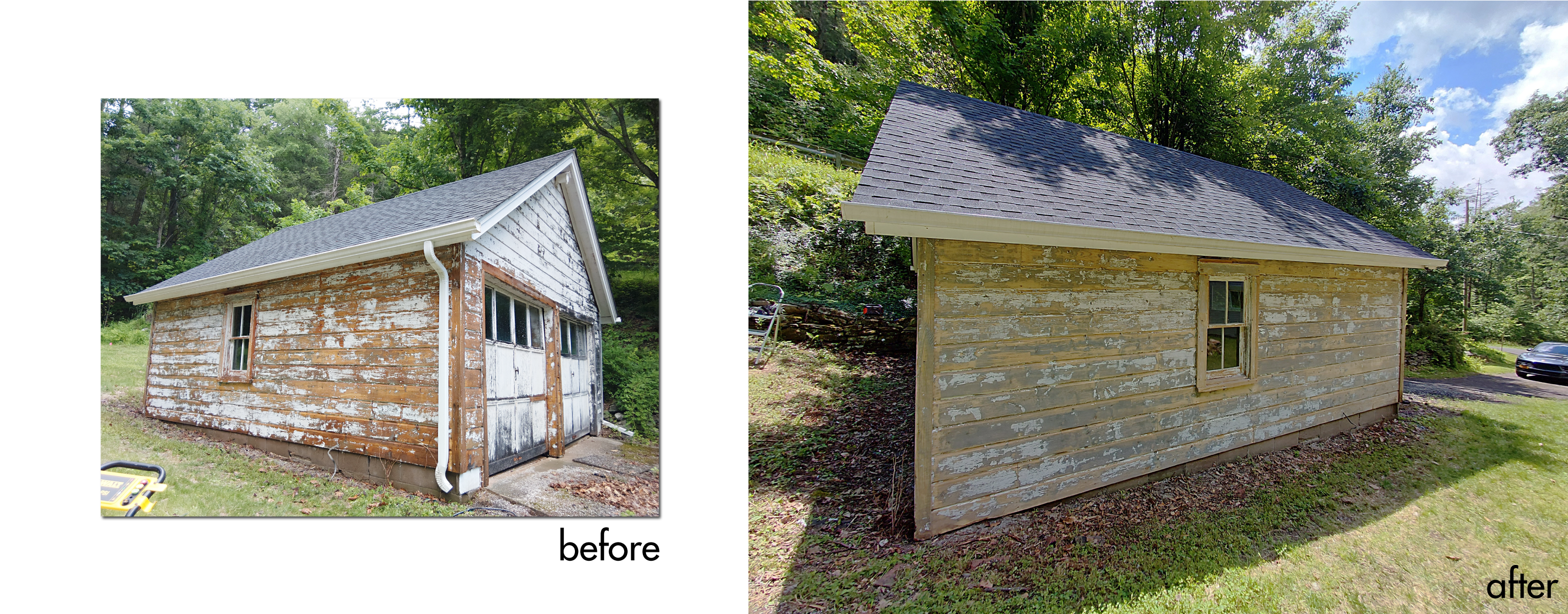 Scraped and sanded wood garage structure before priming and painting