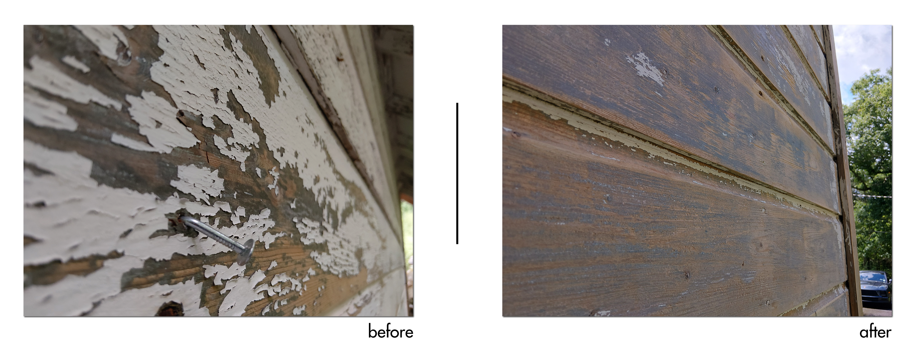 Scraping and sanding weathered garage wood before painting