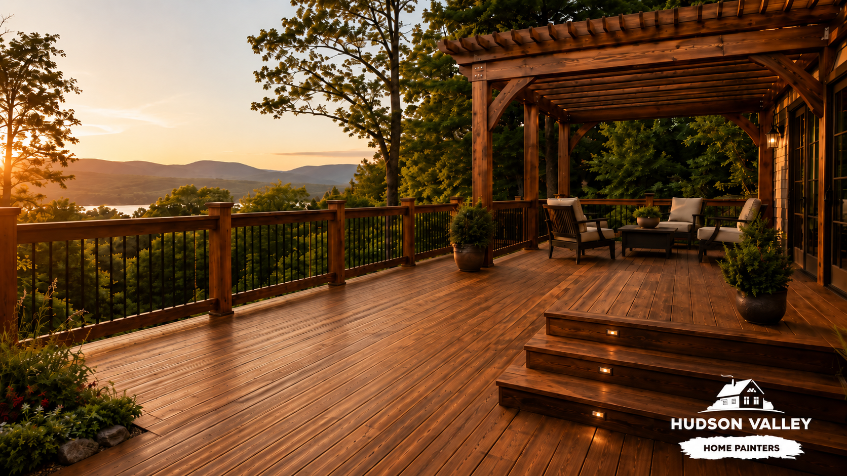 Freshly stained exterior wood deck and pergola in the Hudson Valley